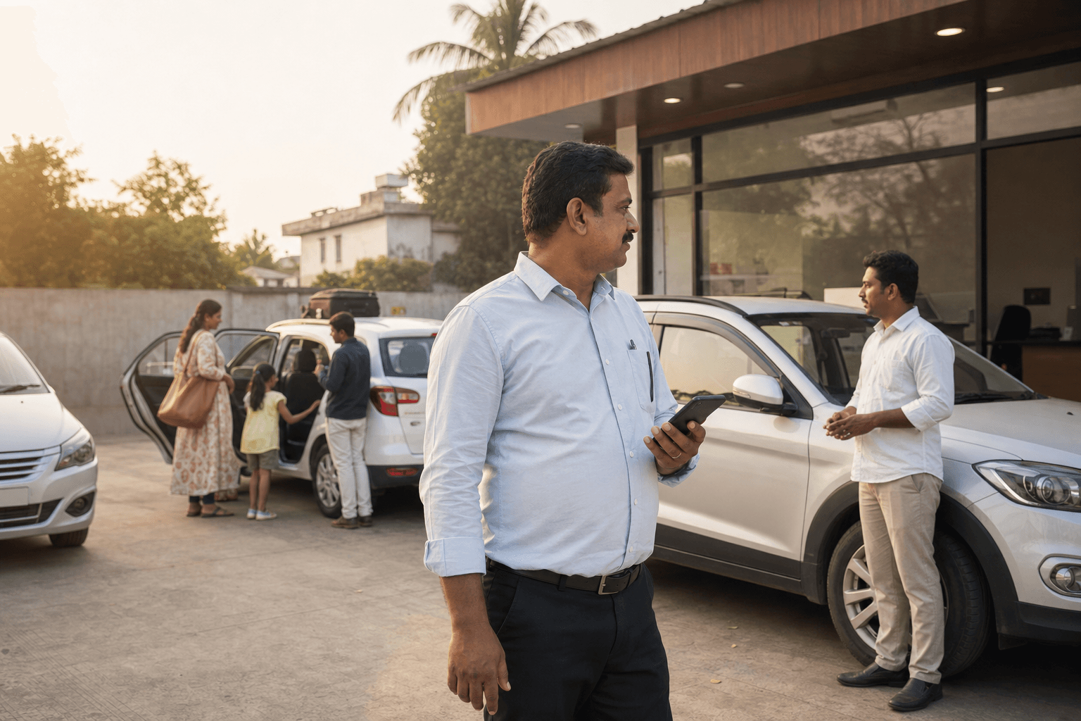 Indian travel business owner coordinating trips with drivers and vehicles