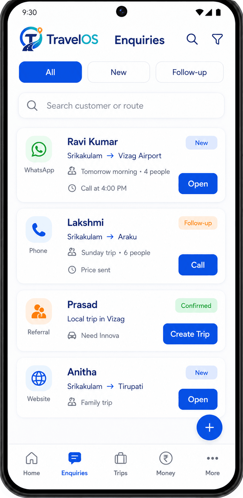 TravelOS enquiries screen