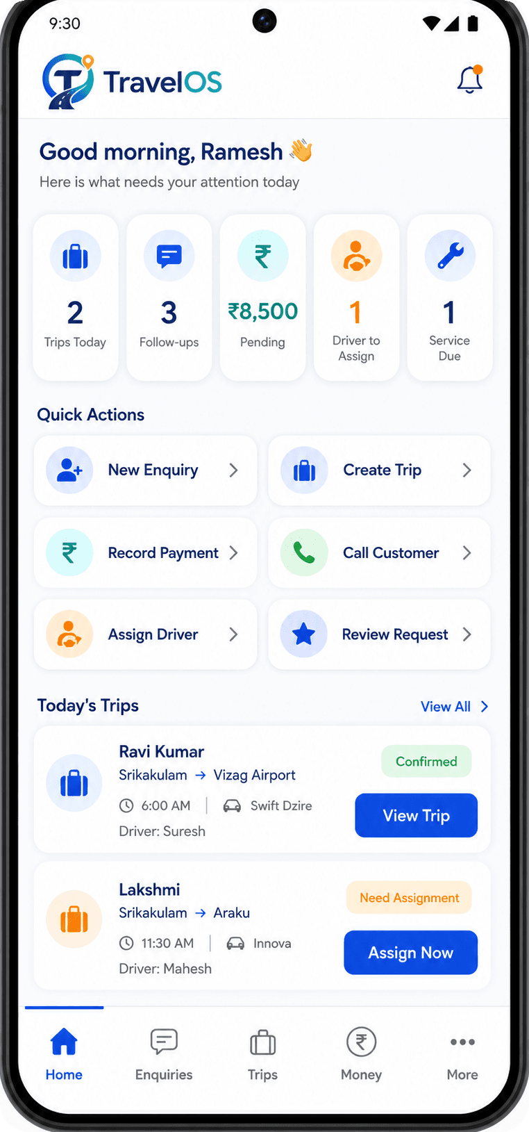TravelOS owner home dashboard
