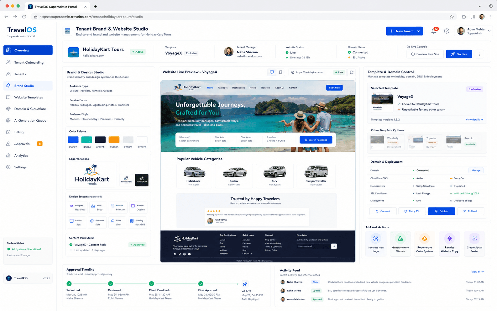 TravelOS brand studio with live website preview for a travel tenant