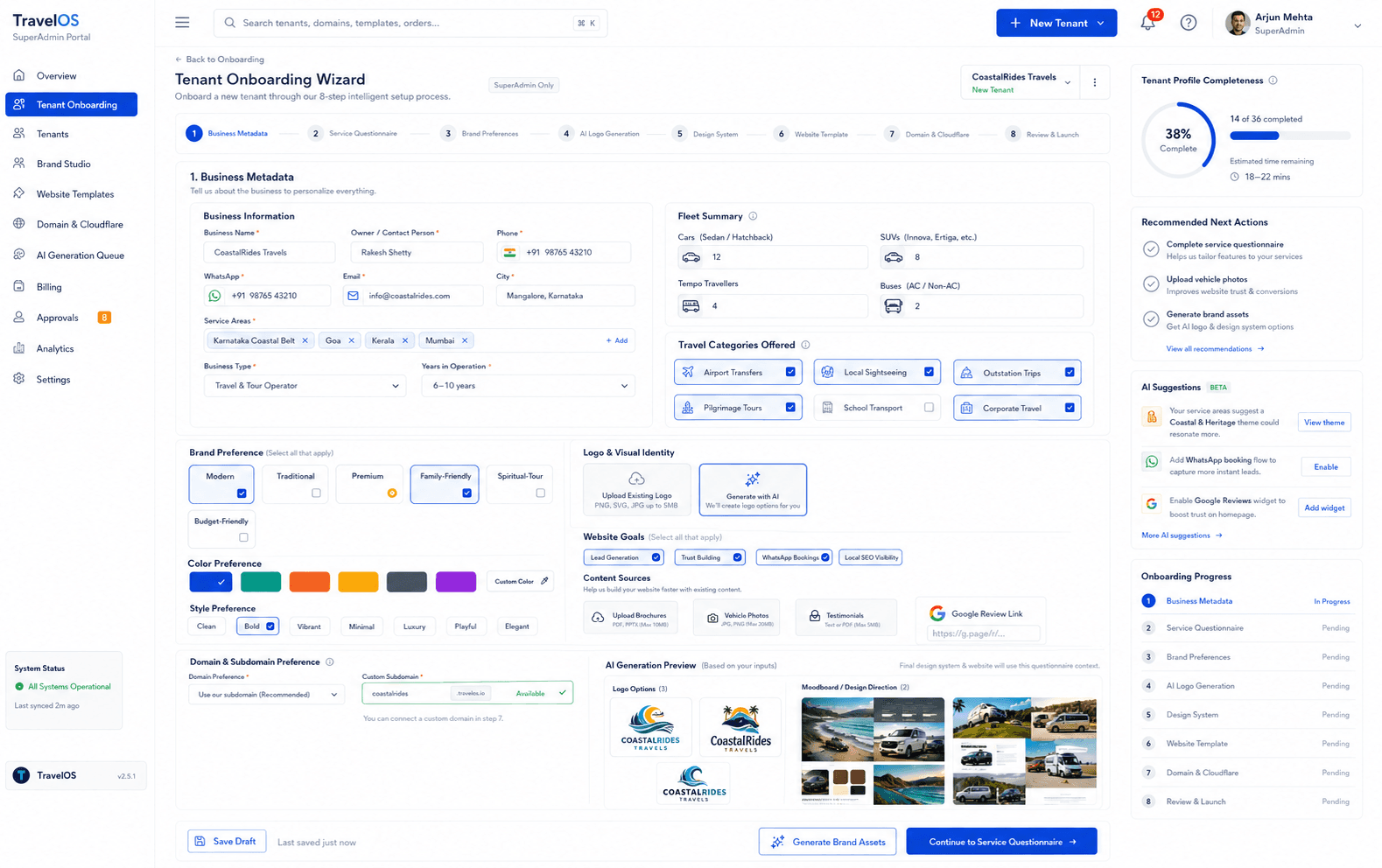 TravelOS tenant onboarding wizard with AI brand generation